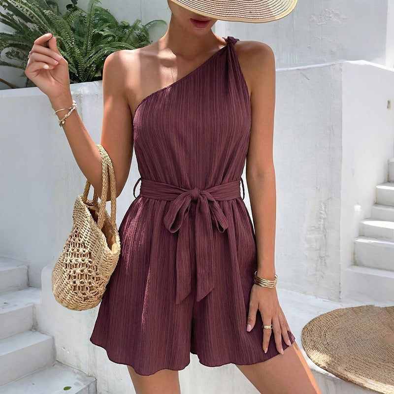 Women's One-Shoulder Jumpsuit with Fitted Belt and Flowing Cut