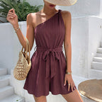 Women's One-Shoulder Jumpsuit with Fitted Belt and Flowing Cut