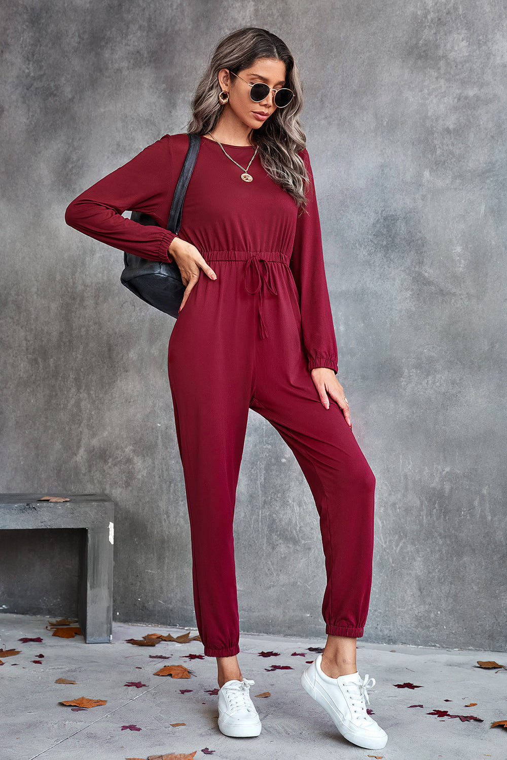 Casual Jumpsuit with Elastic Waist and Long Sleeves