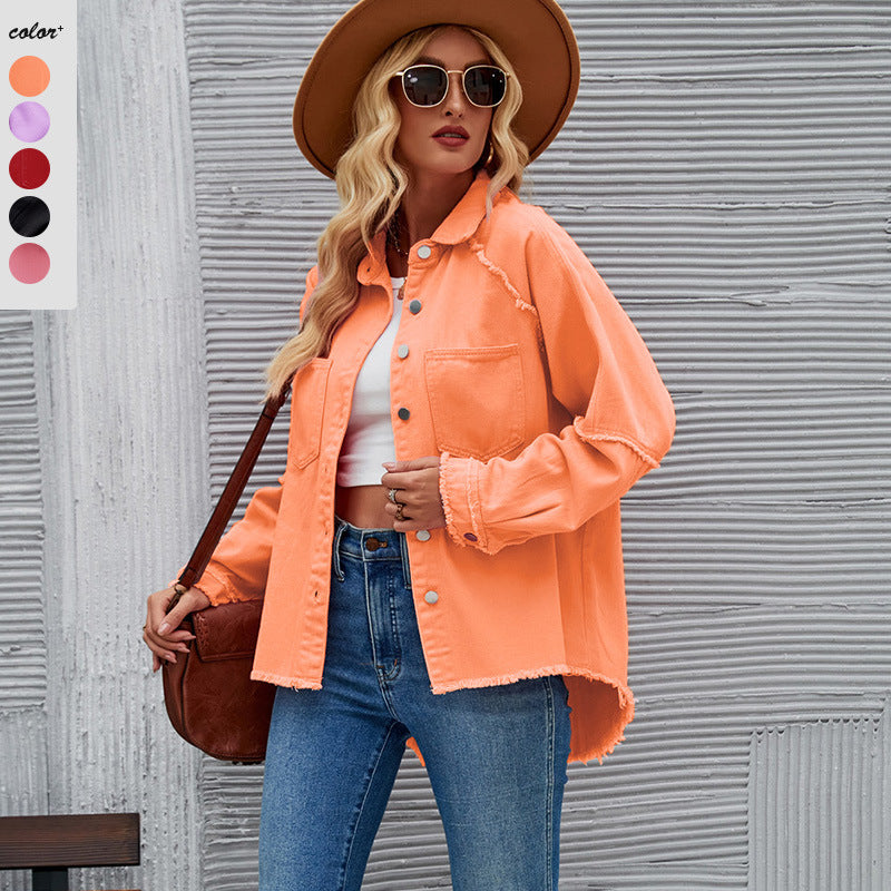Women's Denim Jacket with Relaxed Fit and Frayed Details