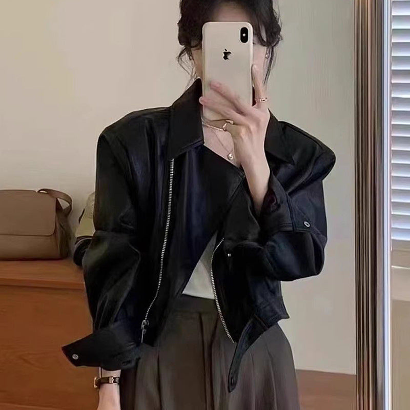 Women's Cropped Biker Jacket with Asymmetric Zipper