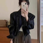 Women's Cropped Biker Jacket with Asymmetric Zipper