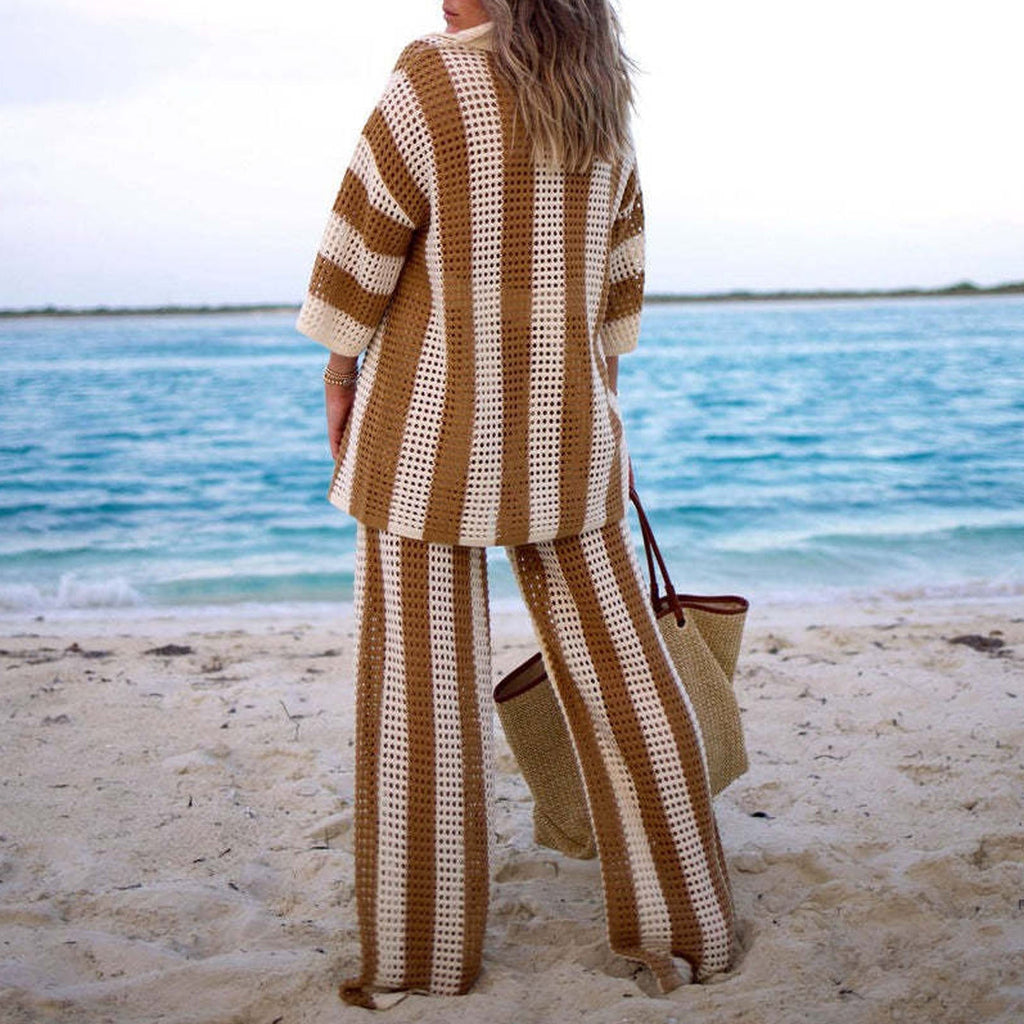 Women's Crocheted Leisure Suit with Wide Stripe Pattern and V-Neck
