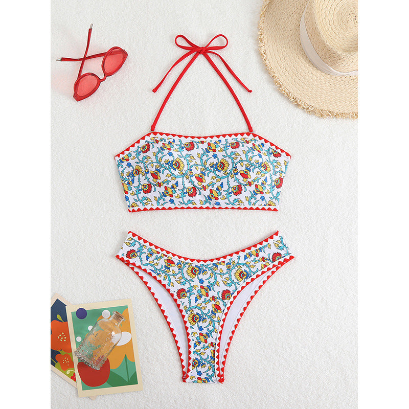 Women's Floral Bandeau Bikini with Ruffle Hem