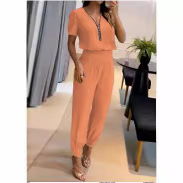 Women's Casual Jumpsuit with Zipper and Elastic Waist