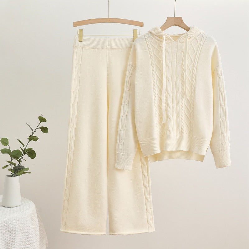 Women's Casual Knit Loungewear Set with Hood and Wide Legs