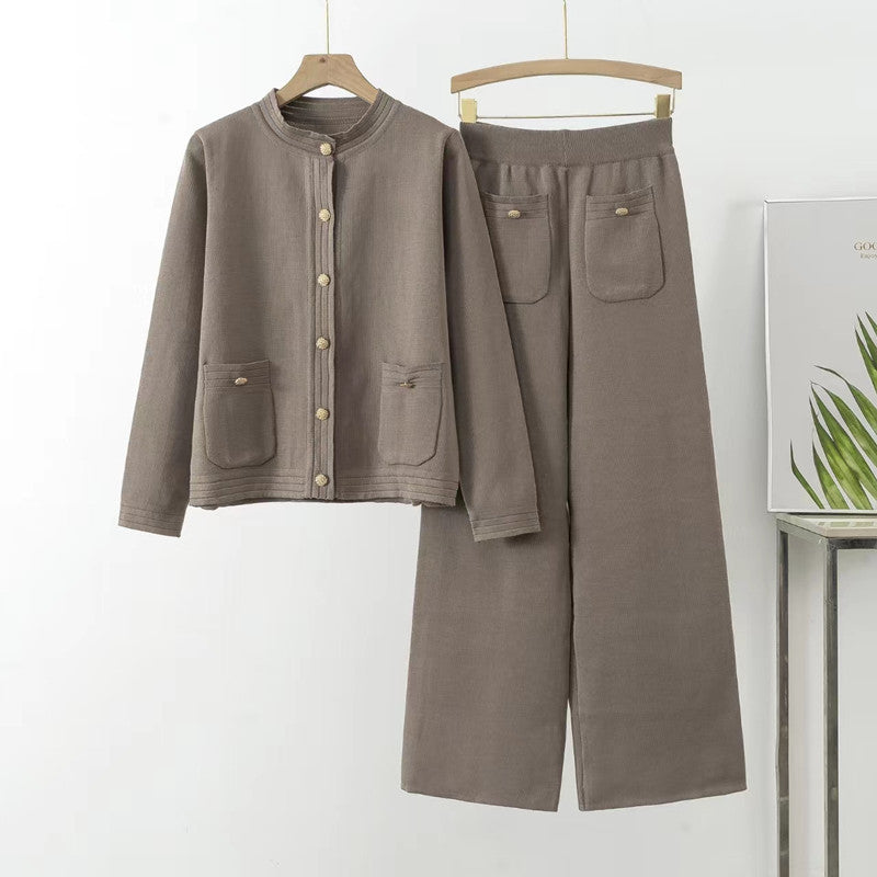 Women's Cozy Knit Loungewear Set with Button Detail and Patch Pockets