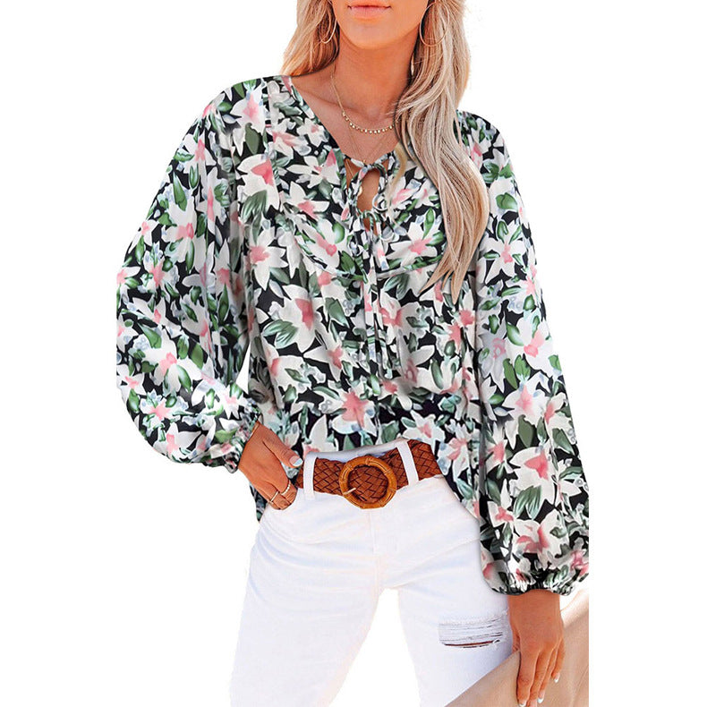 Women's Loose Blouse with Floral Pattern and Voluminous Sleeves