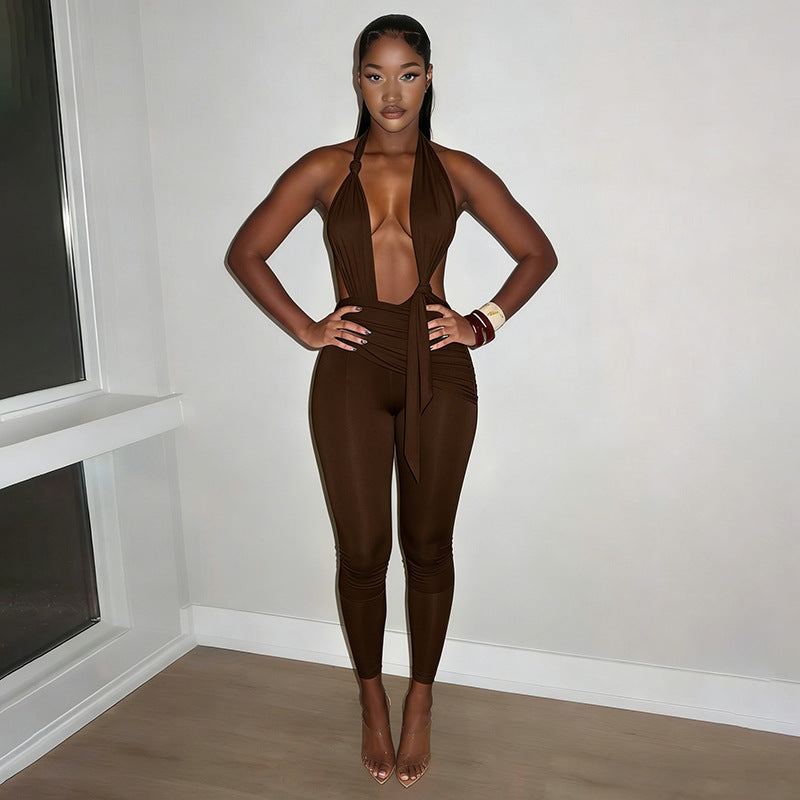 Elegant Women's Jumpsuit with Deep V-Neck and Figure-Flattering Design