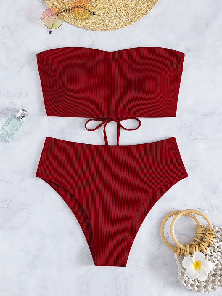 Women's High-Waisted Striped Bandeau Bikini