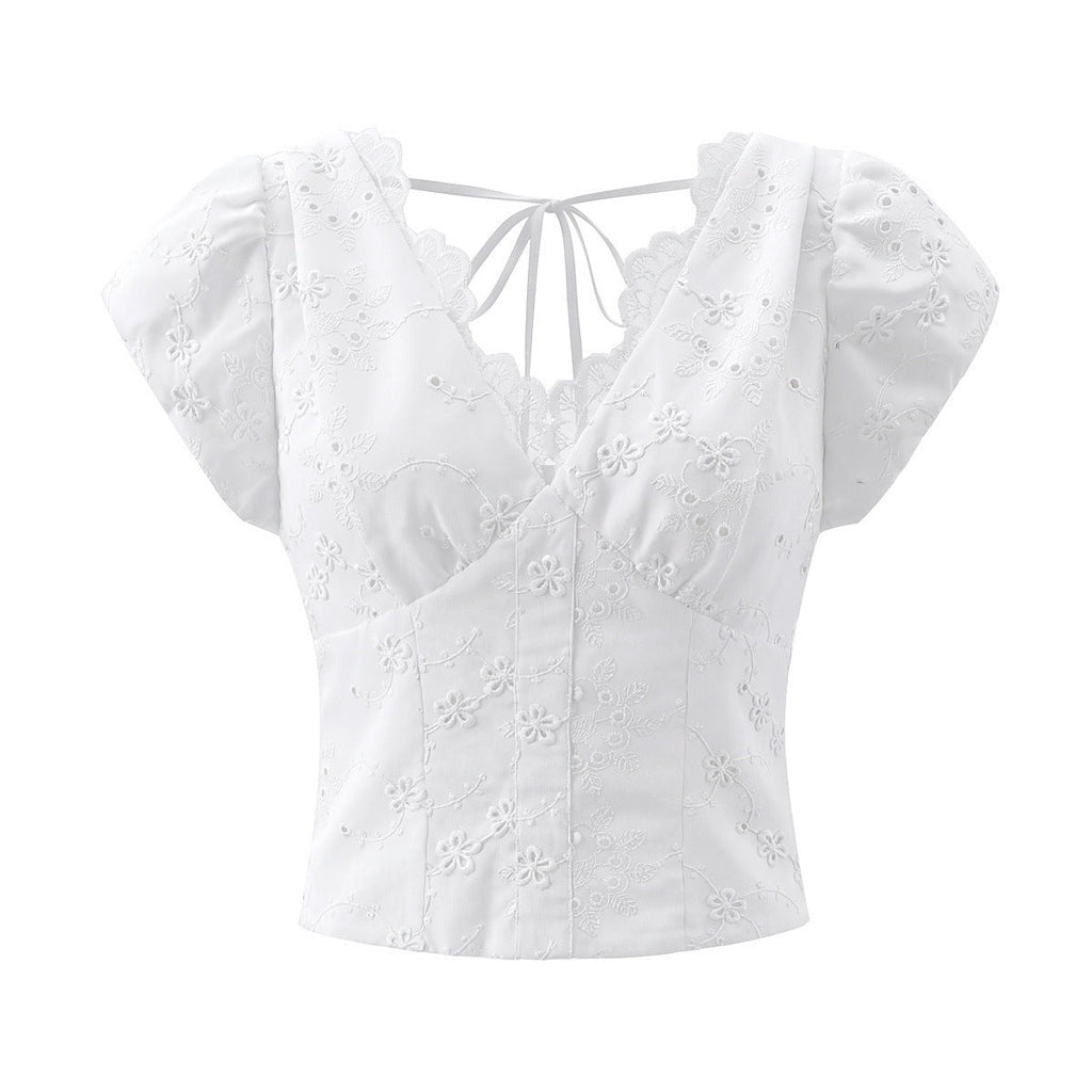 Women's Top with Floral Embroidery and Romantic Ruffled Neckline