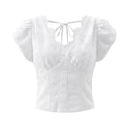 Women's Top with Floral Embroidery and Romantic Ruffled Neckline