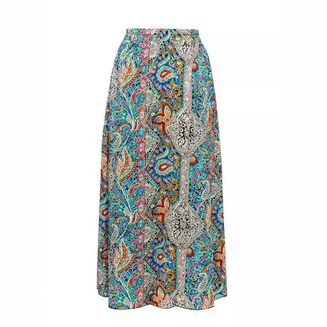 Women's Maxi Skirt with Contrasting Patterns and Elastic Waistband