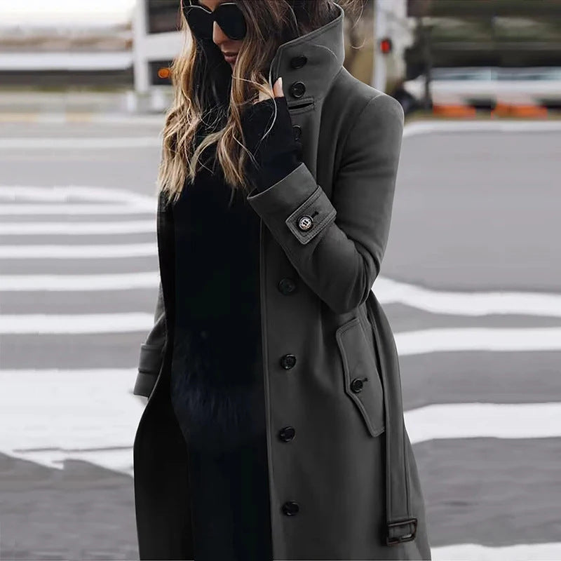 Women's Elegant High-Collar Coat with Practical Pockets