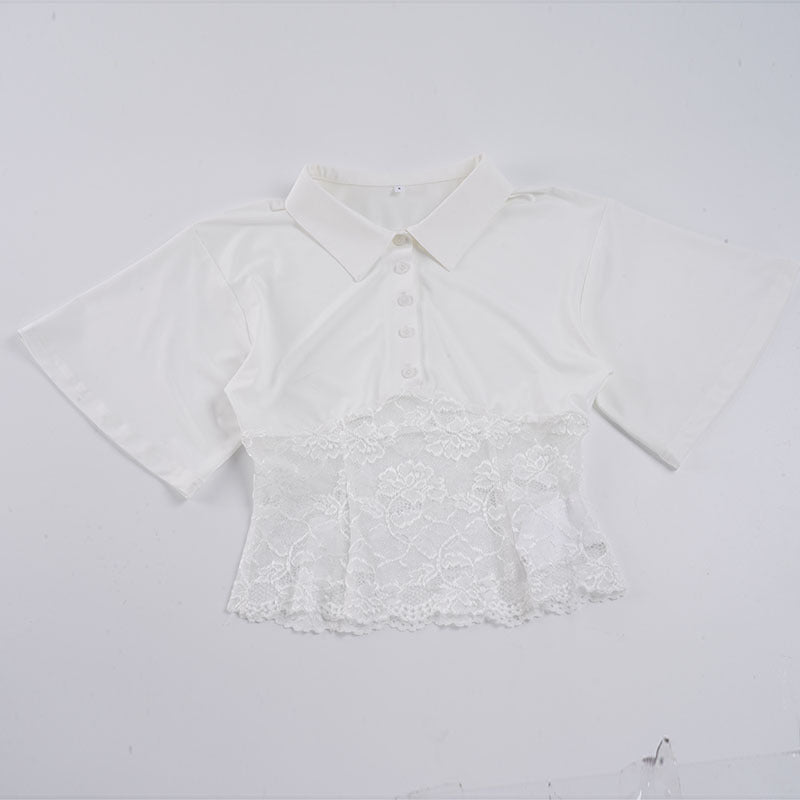 Women's Elegant Short-Sleeve Shirt with Lace Trim