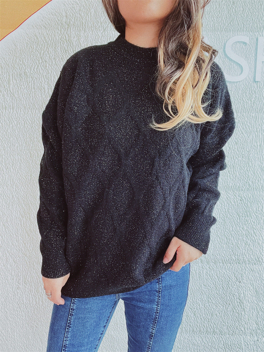 Women's Chunky Knit Sweater with Diamond Pattern and Voluminous Sleeves