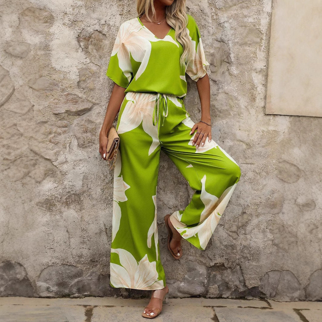 Women's Airy Floral Print Pantsuit with Elastic Waistband