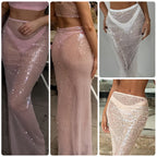 Women's Glitter Maxi Skirt with Sheer Accents and Shimmering Fabric
