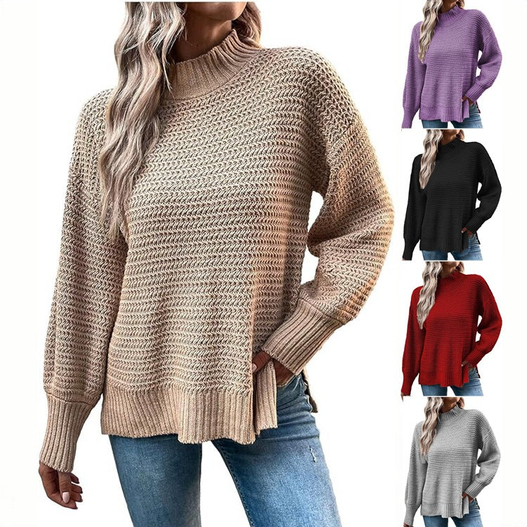 Women's Chunky Knit Sweater with High Collar and Balloon Sleeves