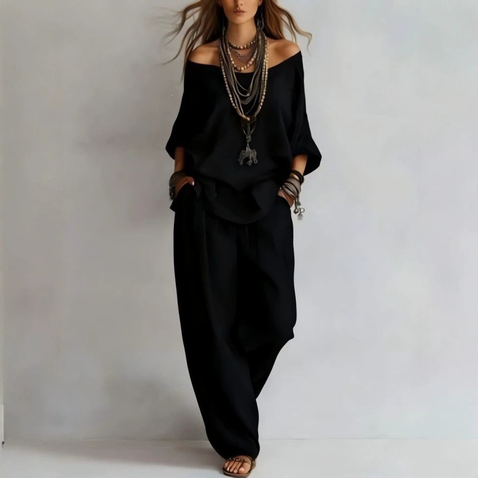 Women's Casual Lightweight Lounge Set with Off-the-Shoulder Neckline and Palazzo Pants