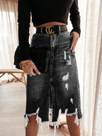 Women's Midi Skirt with Asymmetrical Hem and Destroyed Effects