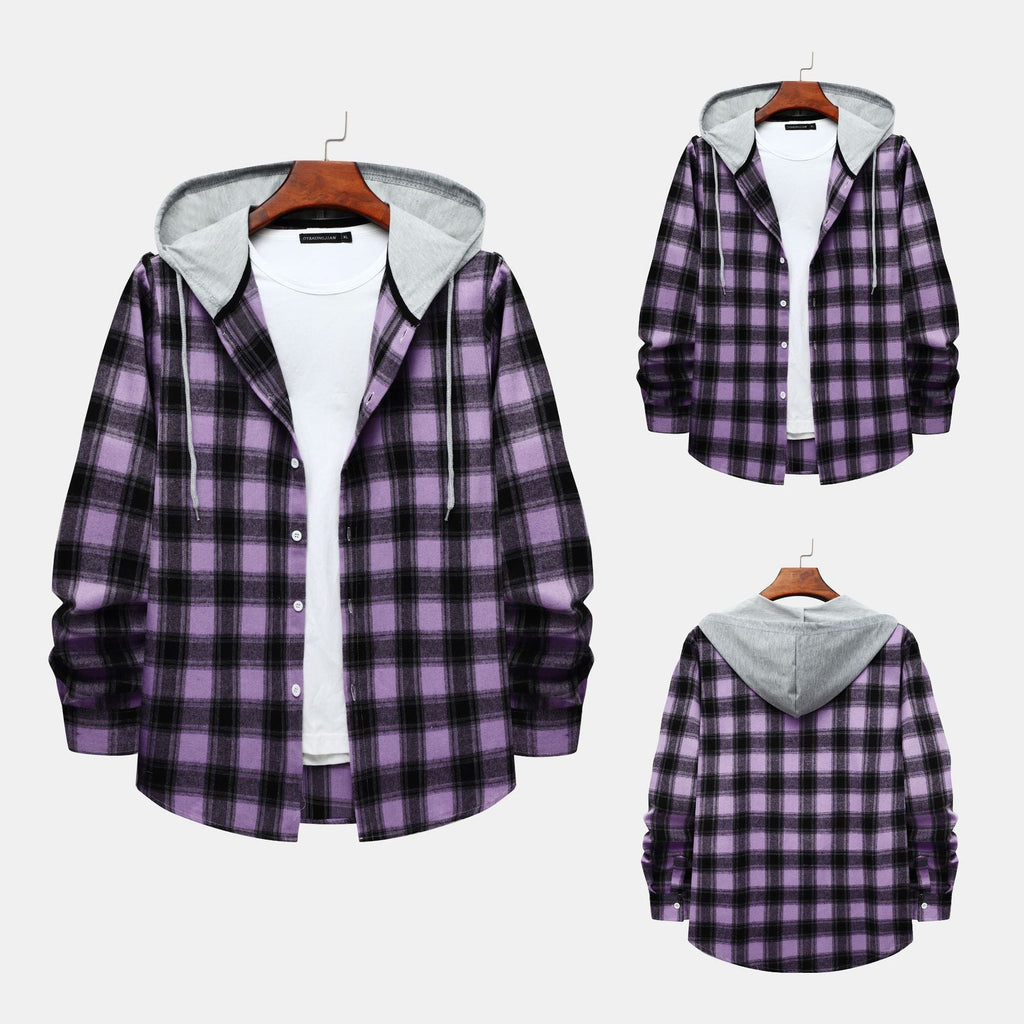 Women's Flannel Shirt with Integrated Hood and Plaid Design