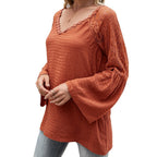 Women's Blouse with Sheer Lace Sleeves and V-Neck