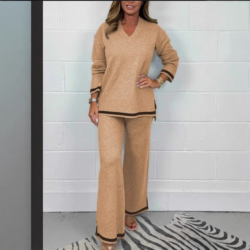 Women's Casual Knit Set with Wide Cut and Elegant Contrasts
