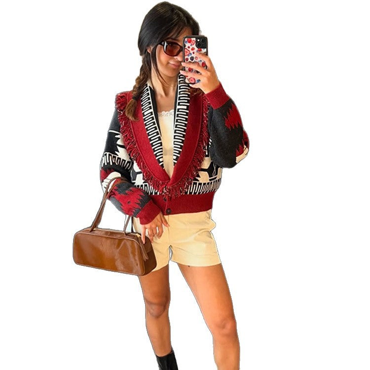Women's Knit Cardigan with Fringed Details and Geometric Pattern