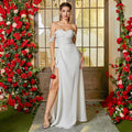 Women's Elegant Evening Dress with Off-Shoulder Sleeves and High Slit