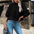 Women's Chunky Knit Sweater with High Collar and Balloon Sleeves