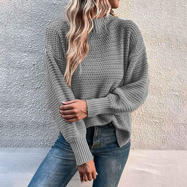 Women's Chunky Knit Sweater with High Collar and Balloon Sleeves