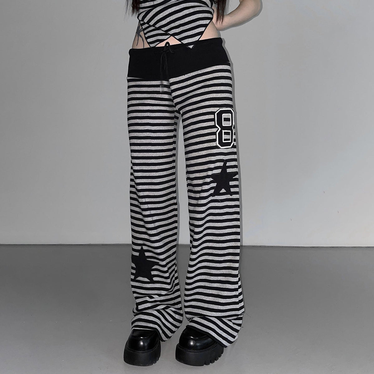 Women's Casual Pants with Striped Pattern and Practical Side Pockets
