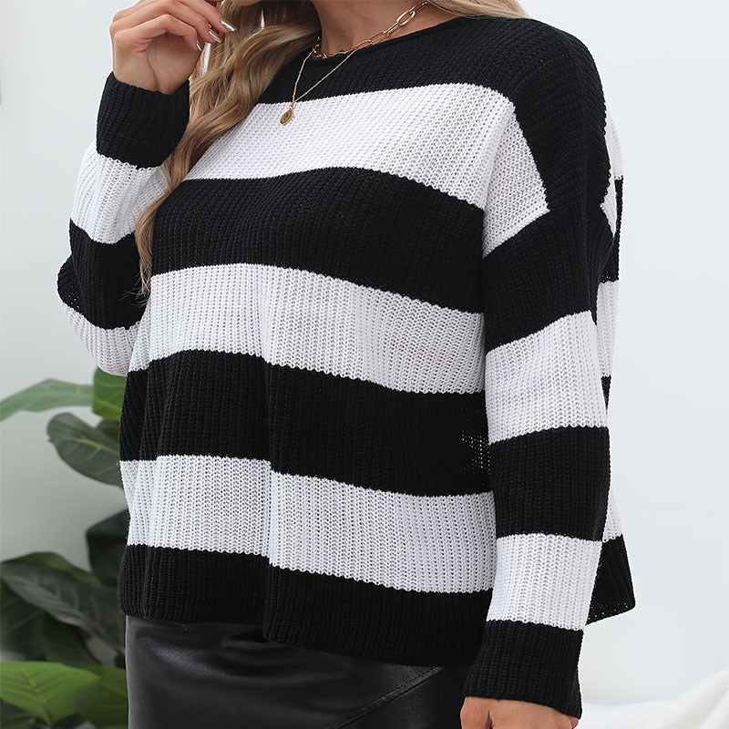 Women's Striped Knit Sweater with Wide Cut