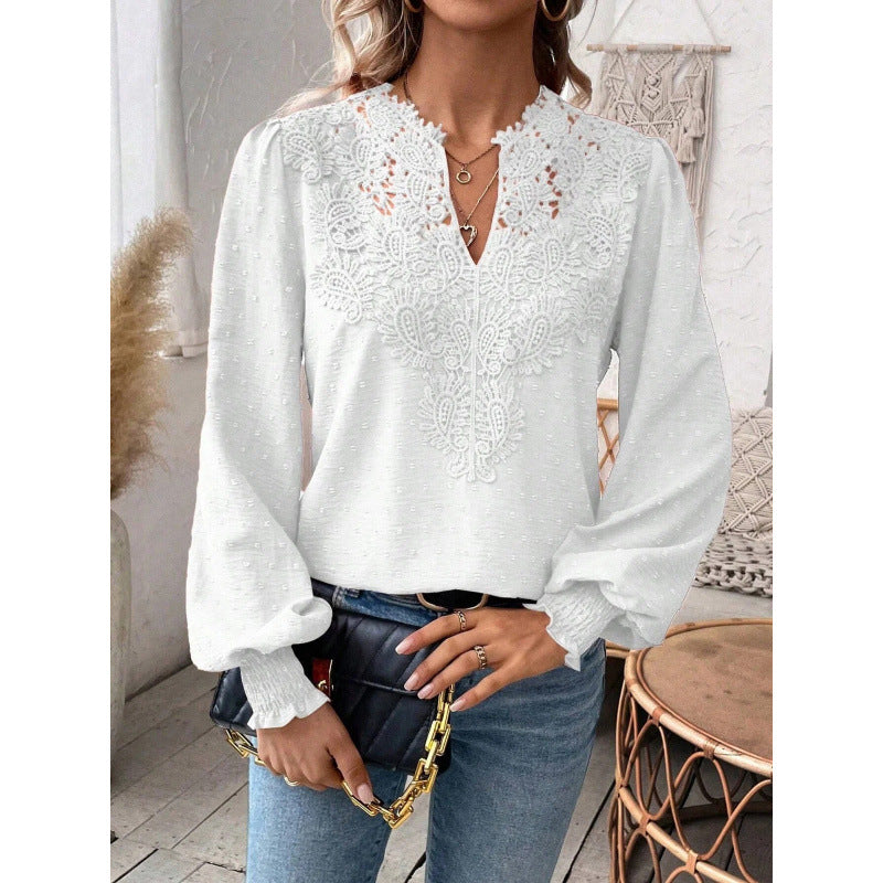 Women's Blouse with Embroidered V-Neck and Long Sleeves