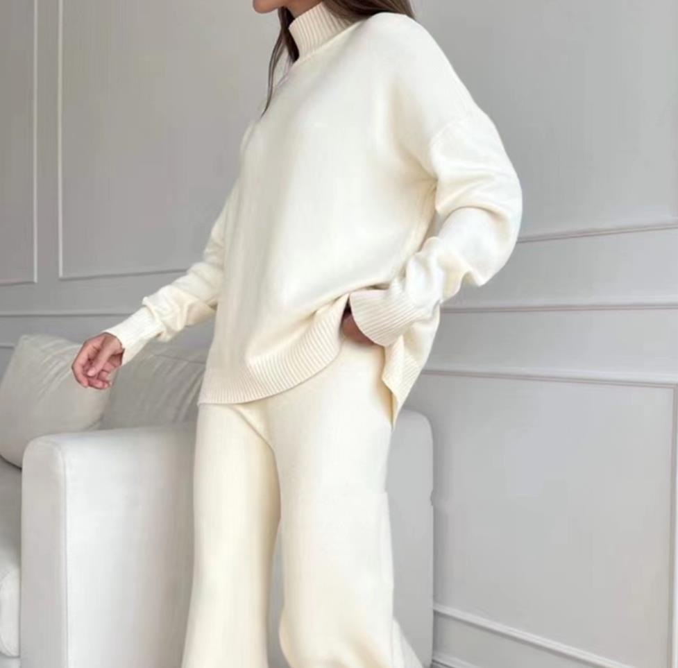 Casual Knit Set with High Collar and Wide Leg