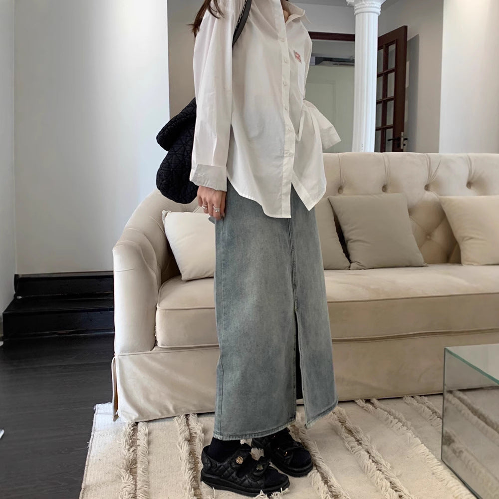 Women's Denim Maxi Skirt with Side Slit and Casual Cut