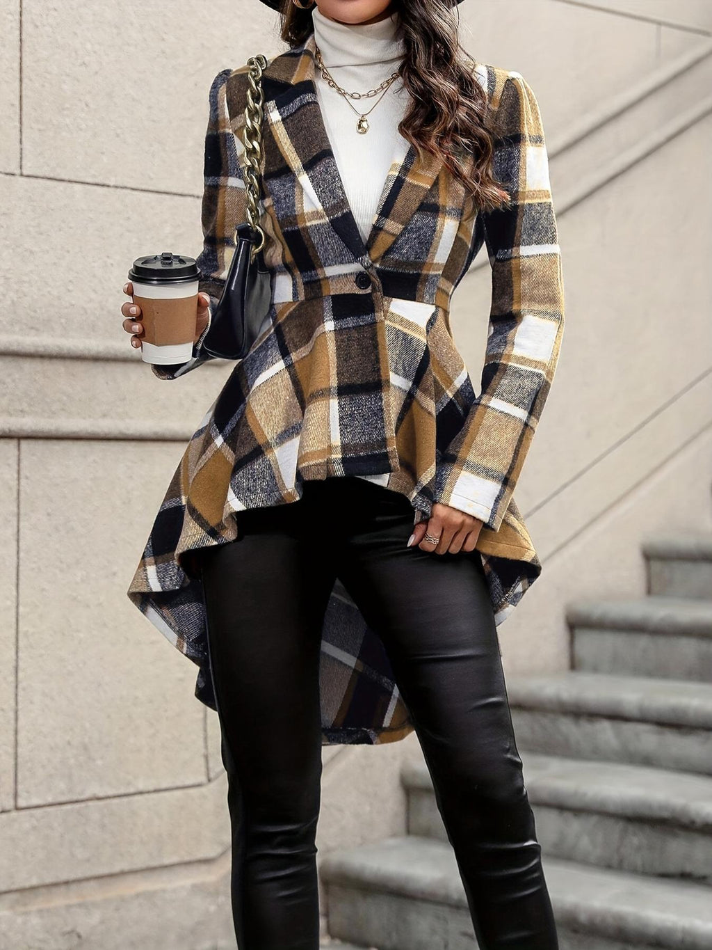 Elegant and Flowing Plaid Jacket with Asymmetric Hem