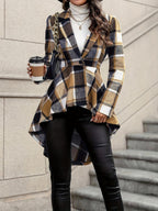 Elegant and Flowing Plaid Jacket with Asymmetric Hem