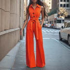 Elegant Women's Jumpsuit with Chic Collar and Waist Belt