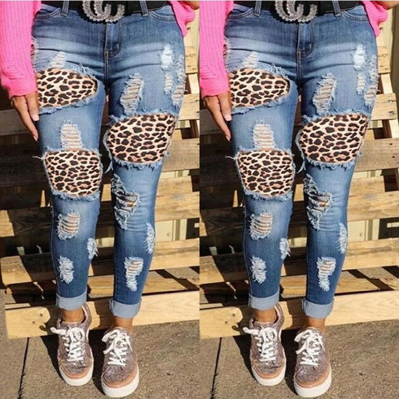 Women's Destroyed Jeans with Animal Print Details