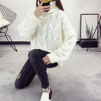 Women's Chunky Knit Sweater with High Collar and Elegant Cable Pattern