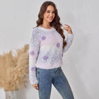 Women's Fluffy Knit Sweater with Floral Design