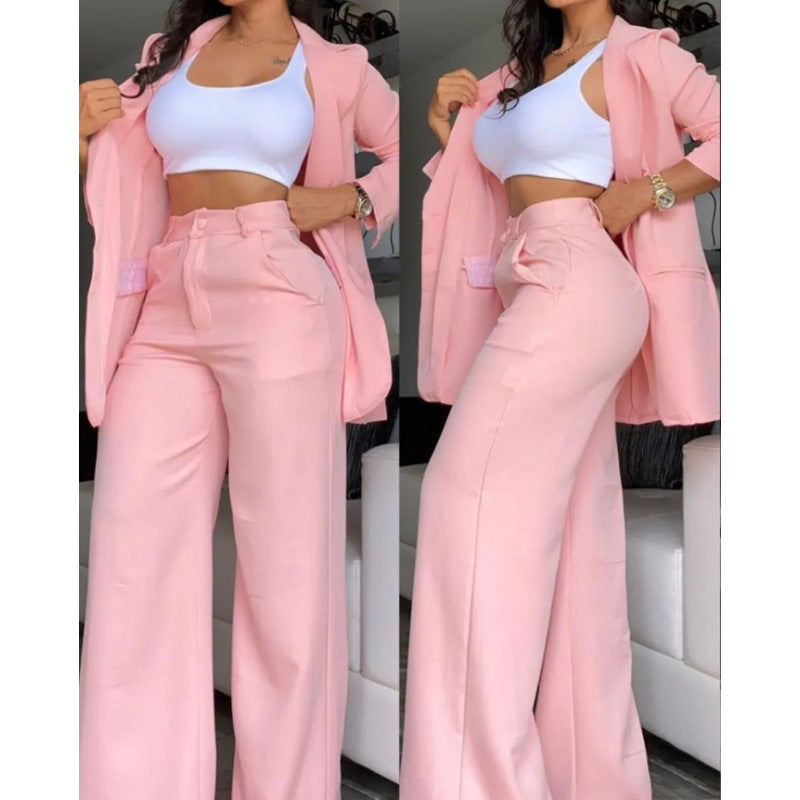 Women's Elegant Two-Piece Set with Wide-Leg Pants and Tailored Blazer