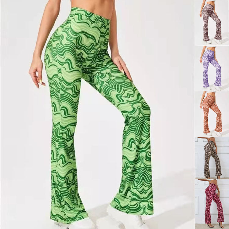 Women's High-Waisted Trousers with Modern Wave Pattern