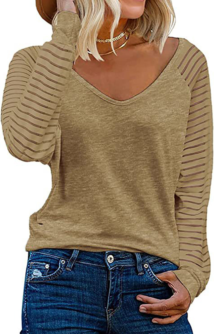 Women's Long-Sleeve V-Neck Shirt with Striped Sleeves