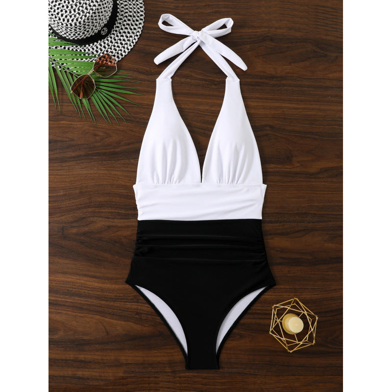Women's V-Neck Swimsuit with Color Contrast