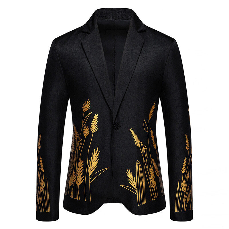 Elegant Blazer with Artistic Plant Pattern and Fine Texture