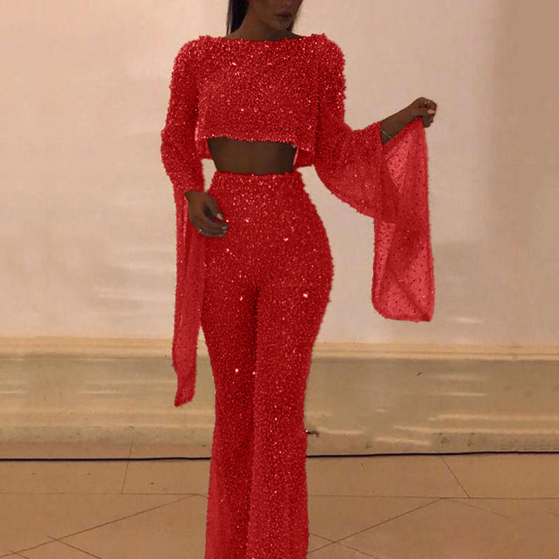 Glitter Two-Piece Set with Wide Leg and Long Sleeves