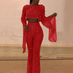 Glitter Two-Piece Set with Wide Leg and Long Sleeves